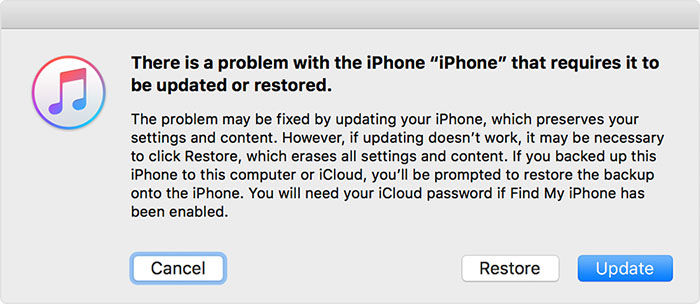 iTunes recovery mode detection screen for iPhone