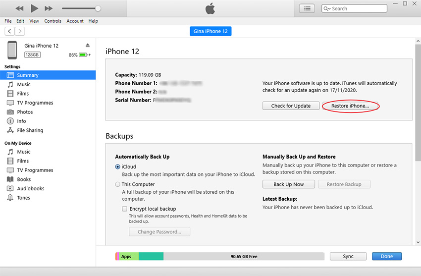 using iTunes to restore iPhone