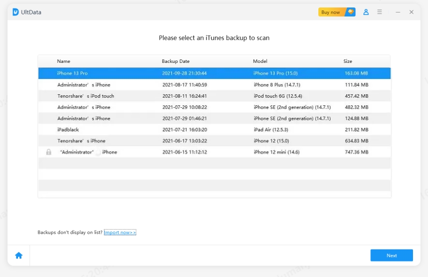 select itunes backup file