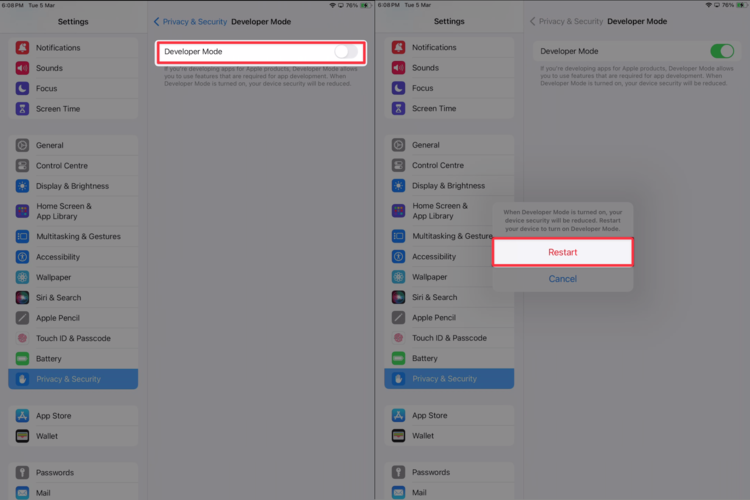 enable iphone developer mode with xcode restart