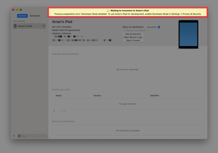 enable iphone developer mode with xcode warning