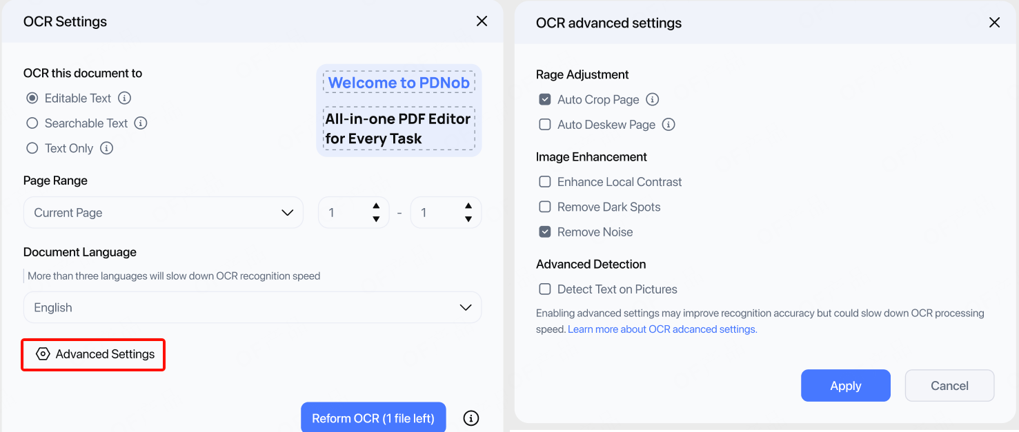 ocr advanced settings
